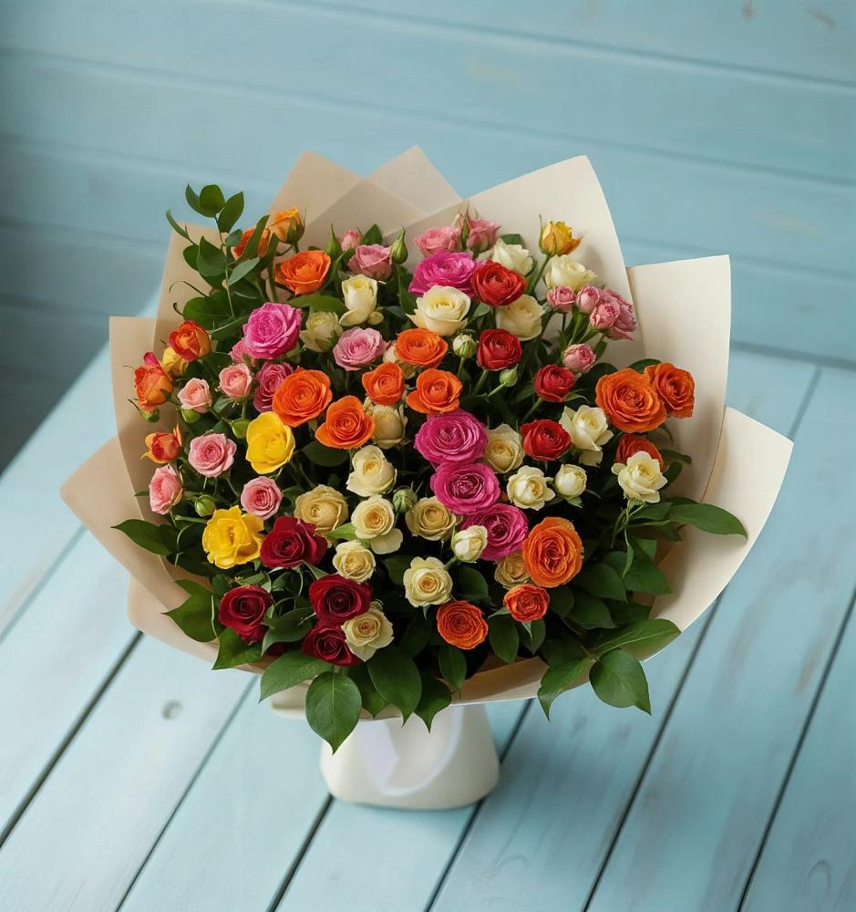 Букет Микс из разноцветных кустовых роз в Бердске
