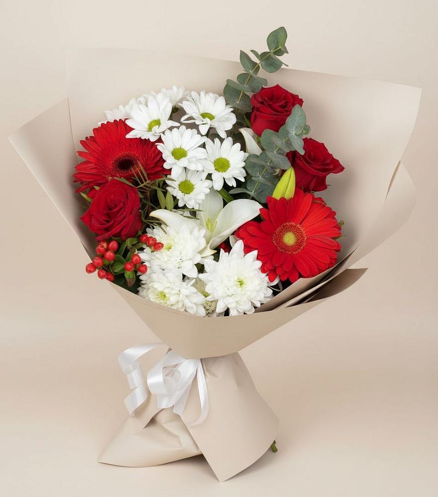 Букет цветов из: Розы, Хризантемы, Герберы и Лилии в Бердске