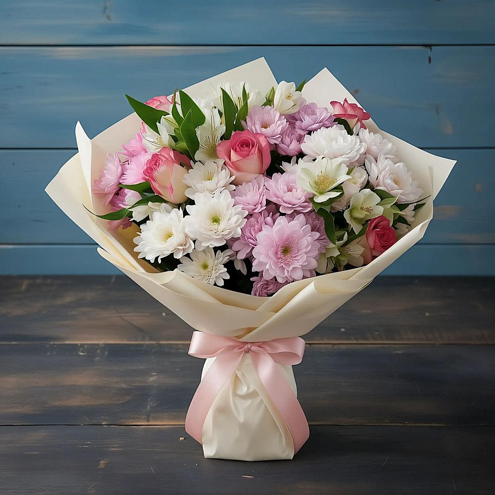 Букет цветов из: Хризантемы, Альстромерии и Розы в Бердске